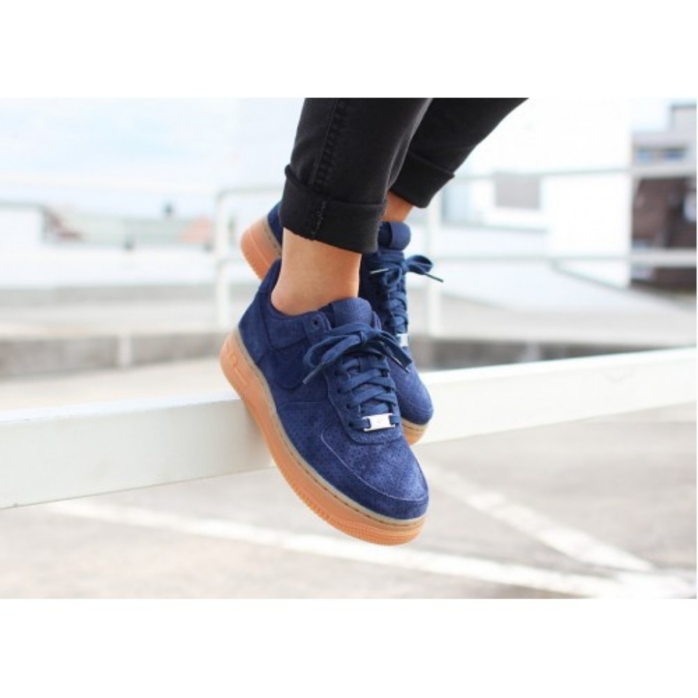 Nike Air Force 1 Blue Suede Low Tops with Gum Sole